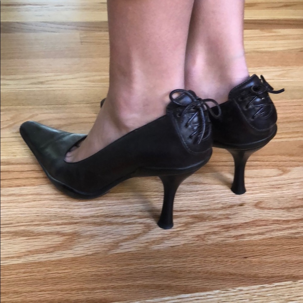Chocolate brown stilettos with leather tie detail